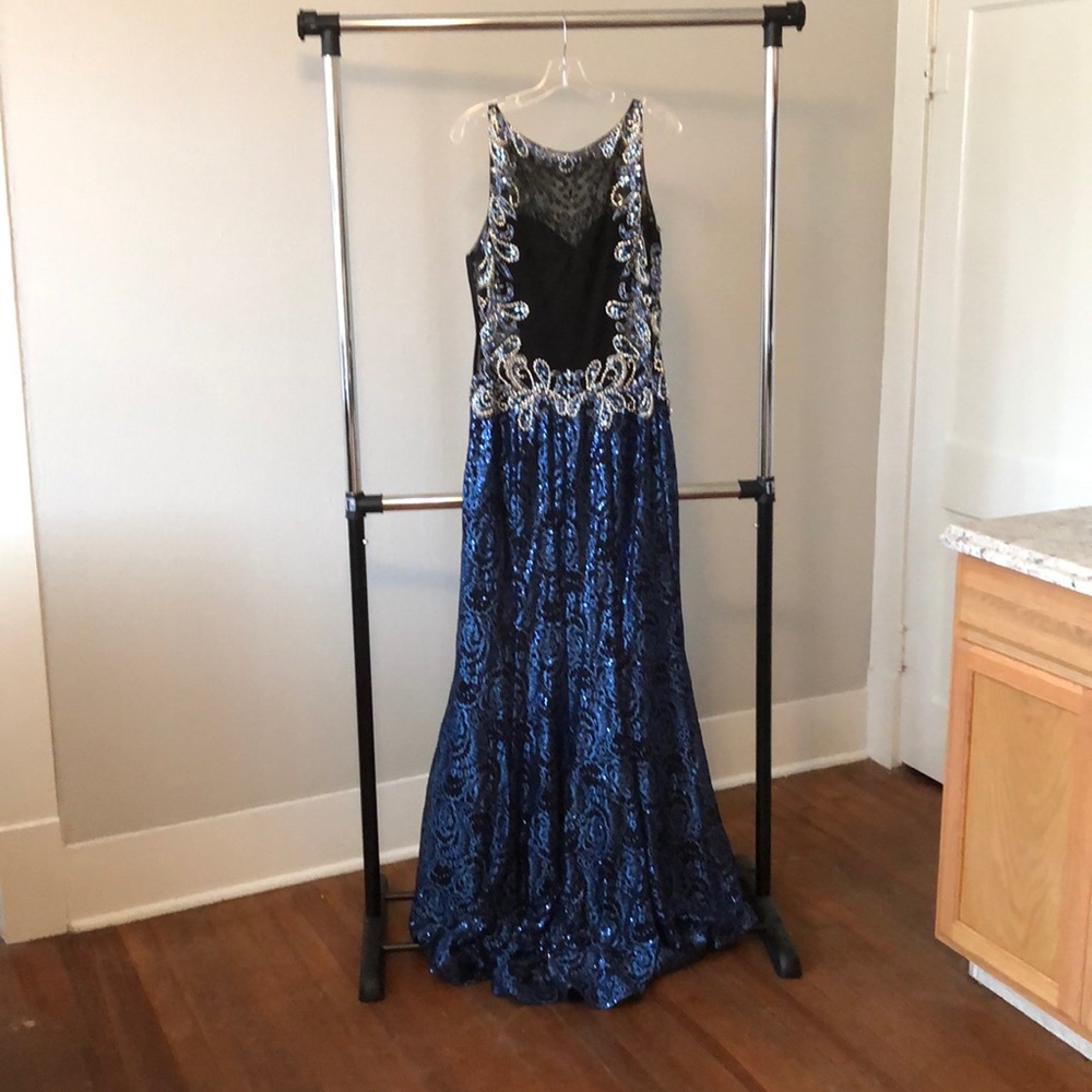 Gorgeous blue/black gown with train & sheer back
